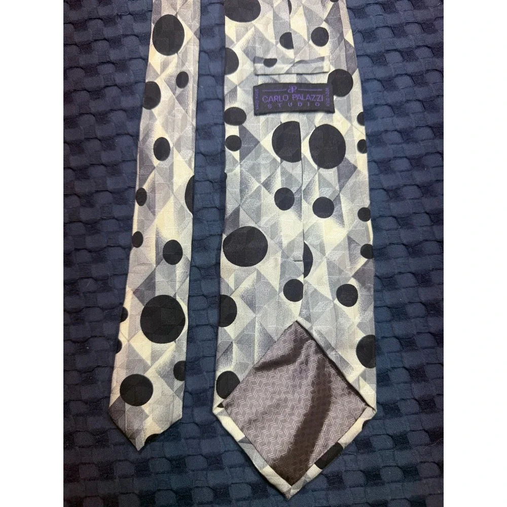 Vintage Carlo Palazzi 100% Silk Tie Hand Made Black Silver Polka Dots